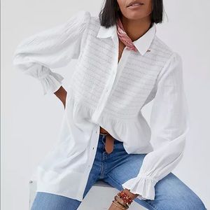 Maeve by Anthropologie Smocked Cotton Button Down Tunic / Blouse White Sz 2X